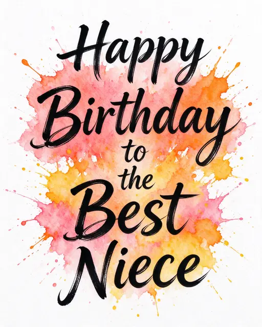 Black brush calligraphy reading "Happy Birthday to the Best Niece" over soft pink, orange, and yellow watercolor splashes on
