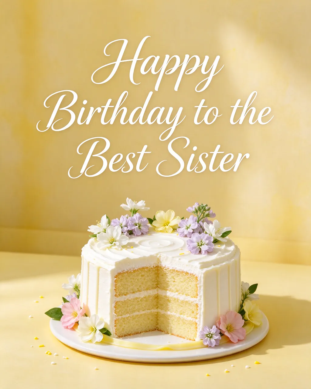 "Happy Birthday to the Best Sister" script lettering above a frosted lemon cake decorated with edible flowers on a pale