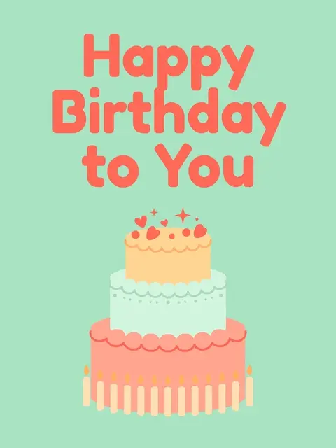 "Happy Birthday to You" in rounded coral type above a three-tier birthday cake on a mint green background