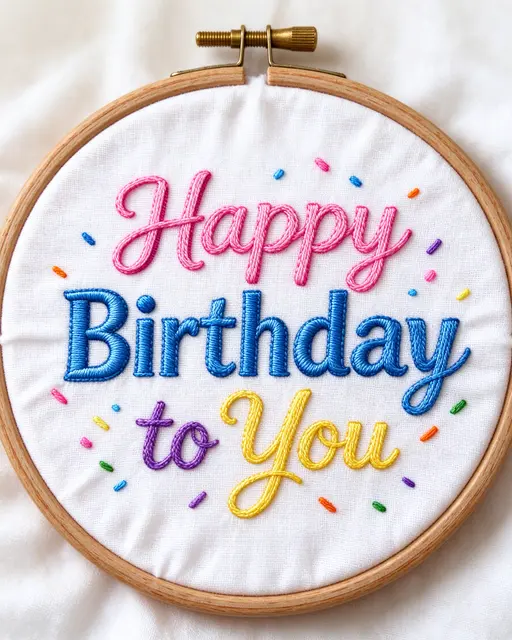 "Happy Birthday to You" stitched in bright multicolored thread with confetti dots on white cotton in a wooden embroidery hoop