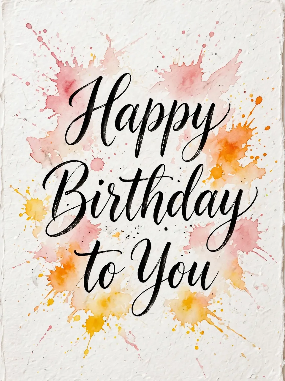 "Happy Birthday to You" black brush calligraphy surrounded by soft pink, orange, and yellow watercolor splashes on textured