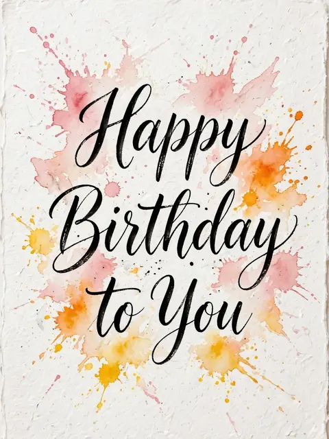 "Happy Birthday to You" black brush calligraphy surrounded by soft pink, orange, and yellow watercolor splashes on textured