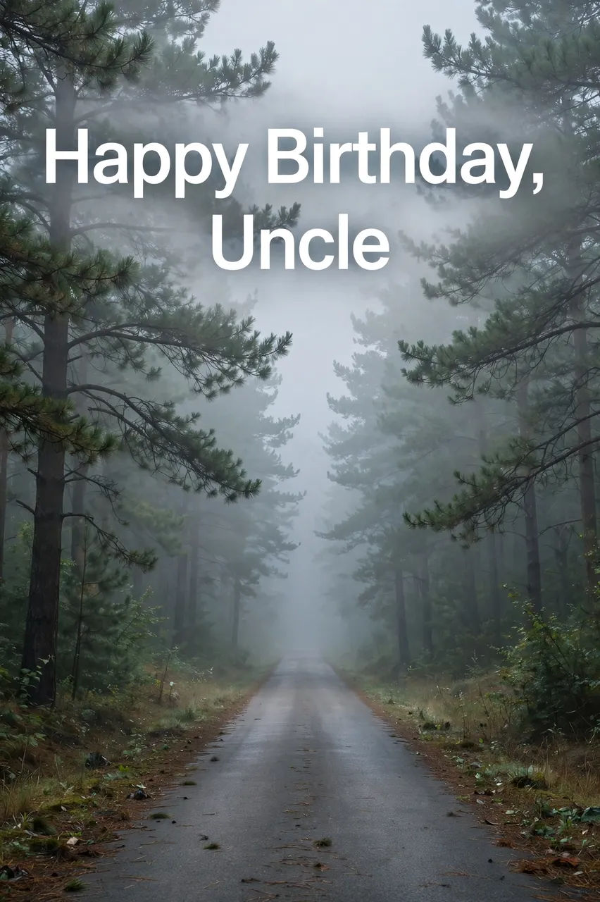 The text "Happy Birthday, Uncle" appears in white sans-serif capitals above an empty foggy road through a pine forest.