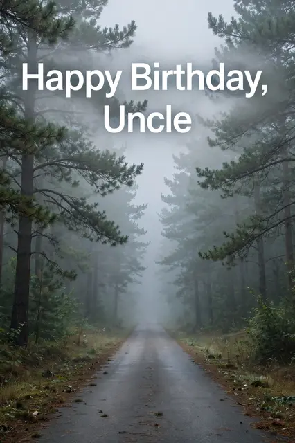The text "Happy Birthday, Uncle" appears in white sans-serif capitals above an empty foggy road through a pine forest.