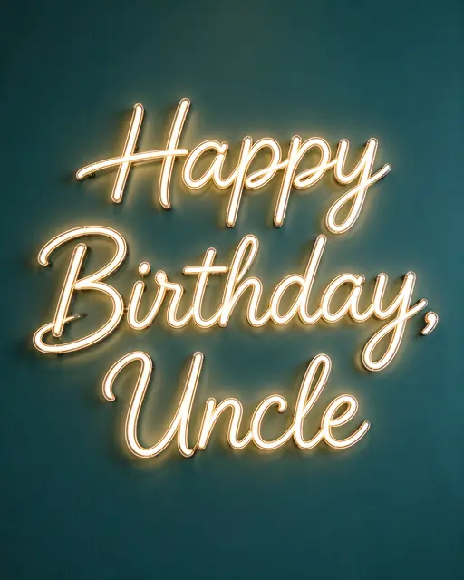 Glowing warm white neon script displaying "Happy Birthday, Uncle" mounted on a dark teal wall