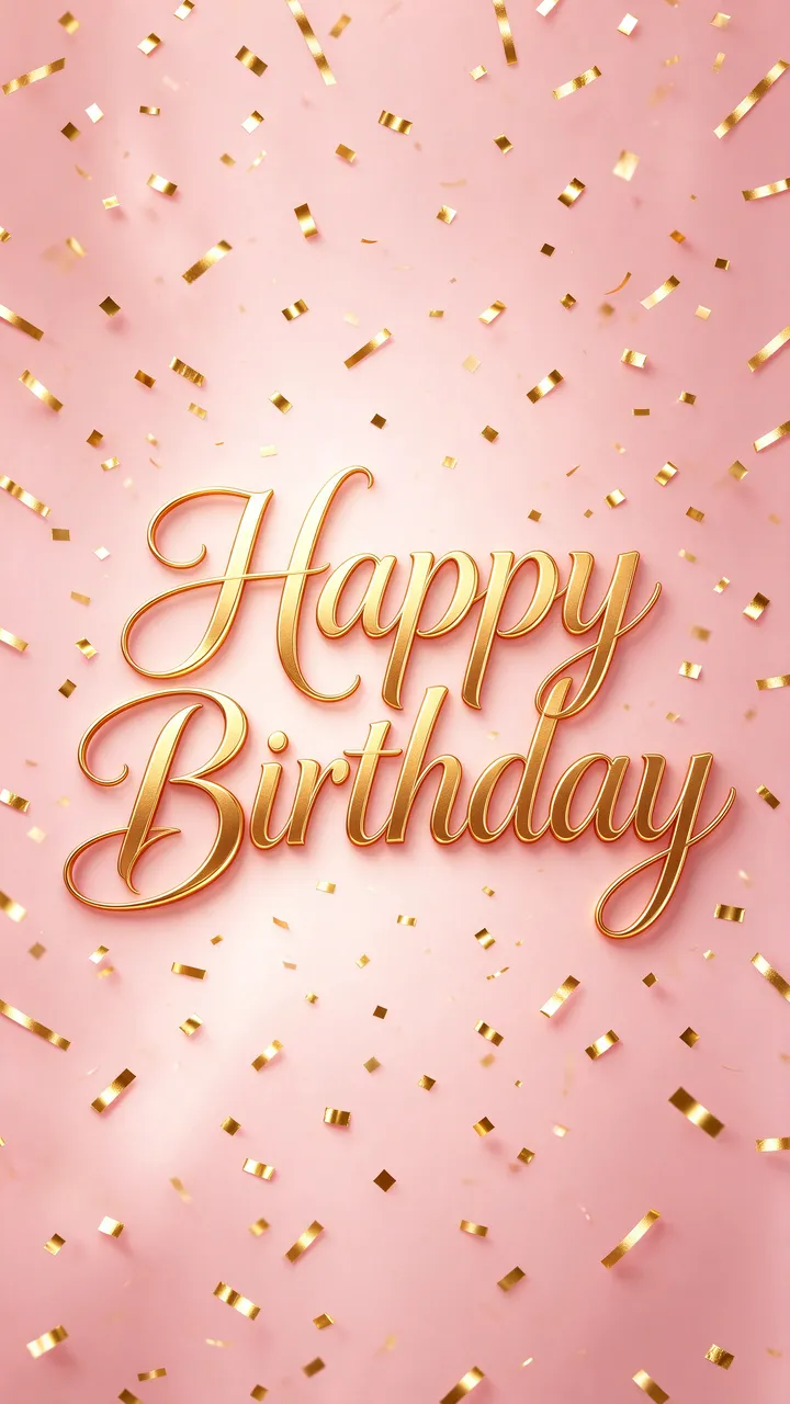 Glossy gold 'Happy Birthday' script sits centered on a soft blush pink background with falling golden confetti.