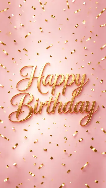 Glossy gold 'Happy Birthday' script sits centered on a soft blush pink background with falling golden confetti.