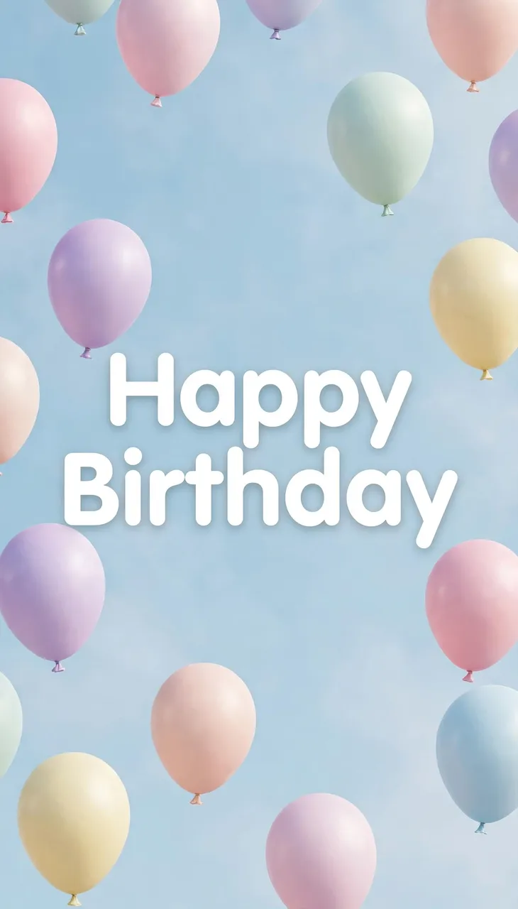 Pastel balloons float against a pale blue sky background with centered bold white text reading "Happy Birthday"