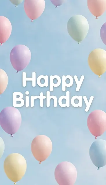 Pastel balloons float against a pale blue sky background with centered bold white text reading "Happy Birthday"