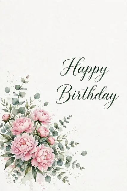 "Happy Birthday" in deep green script next to a watercolor bouquet of pink peonies and eucalyptus on off-white paper.