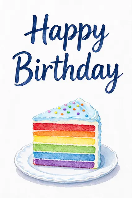 "Happy Birthday" in navy hand lettering above a watercolor rainbow layer cake slice on a white plate