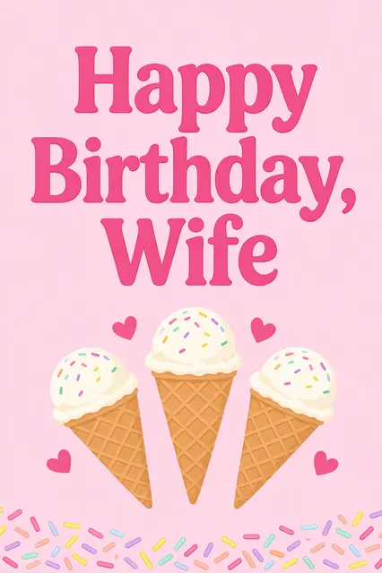 "Happy Birthday, Wife" in bold raspberry text above three vanilla ice cream cones on a pastel pink background