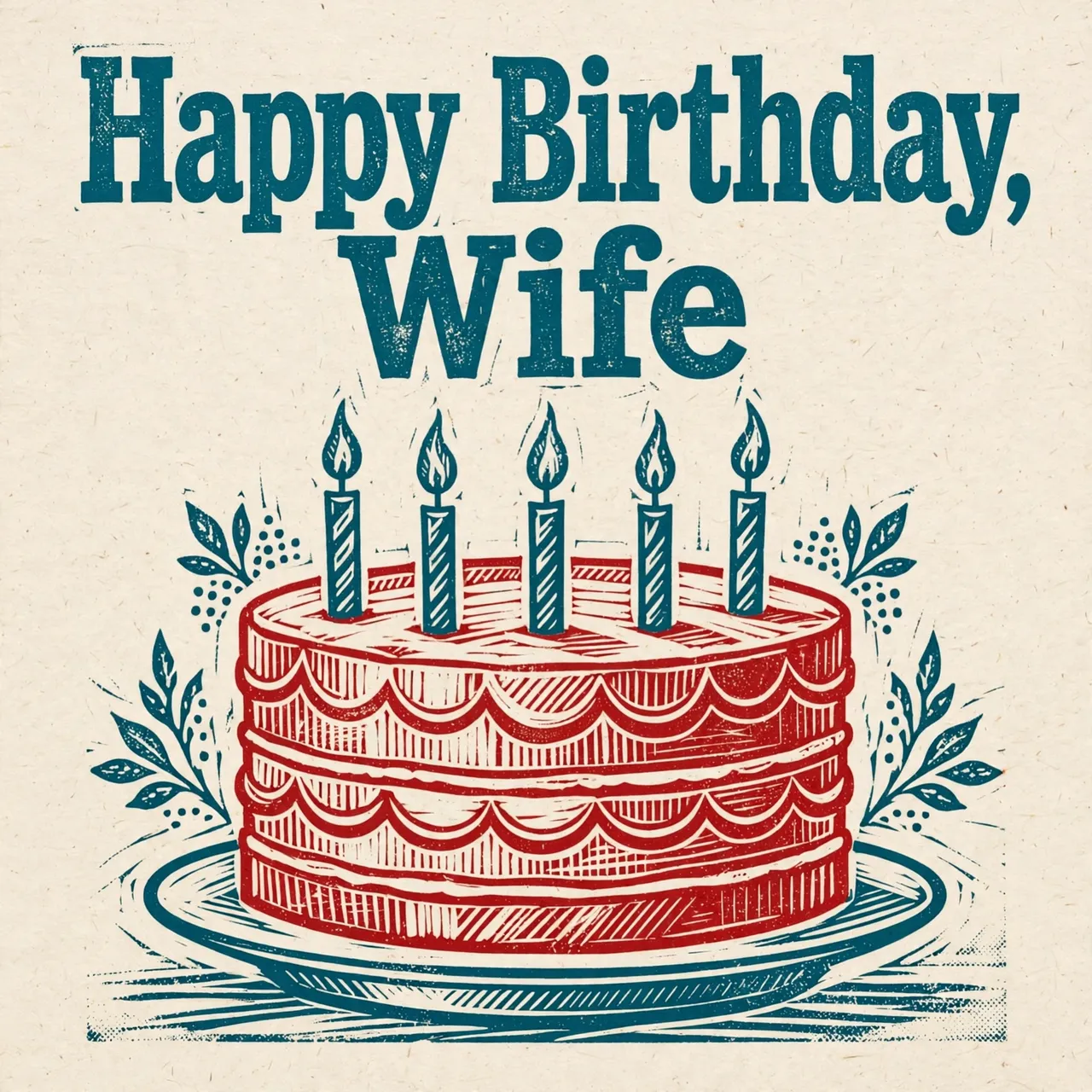 "Happy Birthday, Wife" text above a linocut birthday cake with teal and red details on textured off-white paper