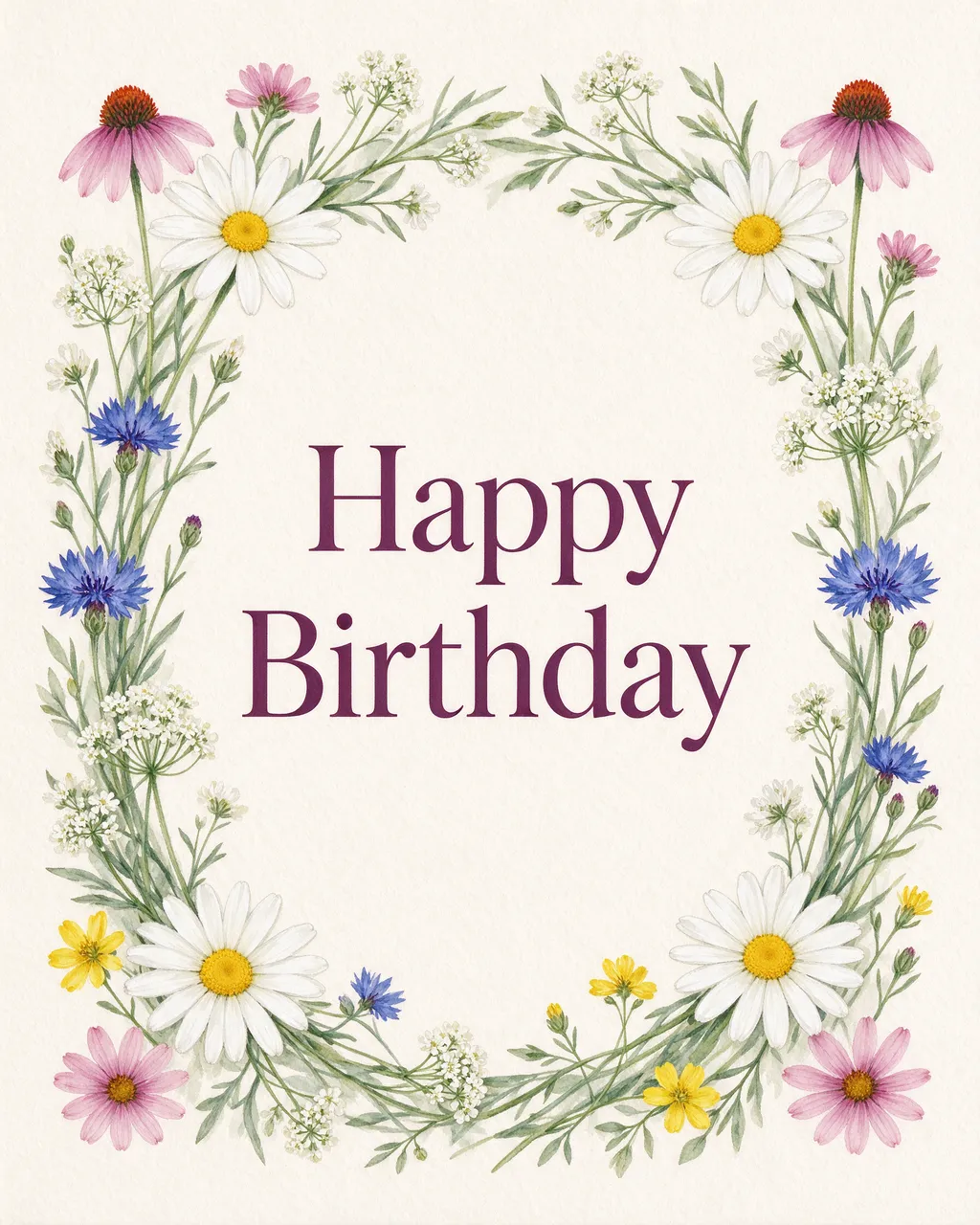 "Happy Birthday" in plum serif type centered inside a delicate gouache wildflower wreath on cream paper