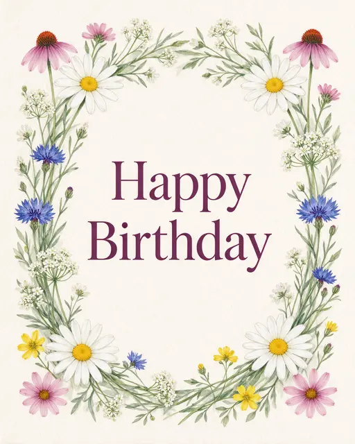 "Happy Birthday" in plum serif type centered inside a delicate gouache wildflower wreath on cream paper