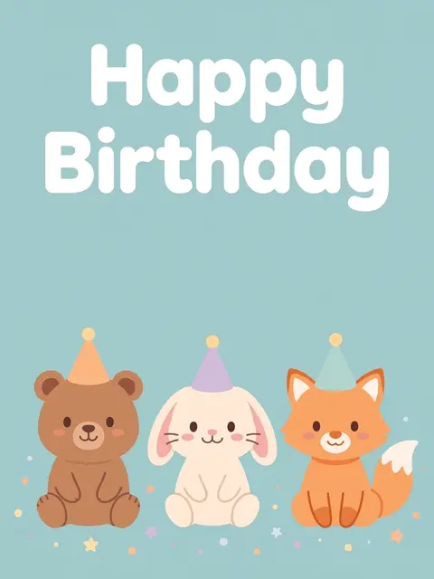 "Happy Birthday" bold rounded white text above a bear, rabbit, and fox in party hats on a pale teal background