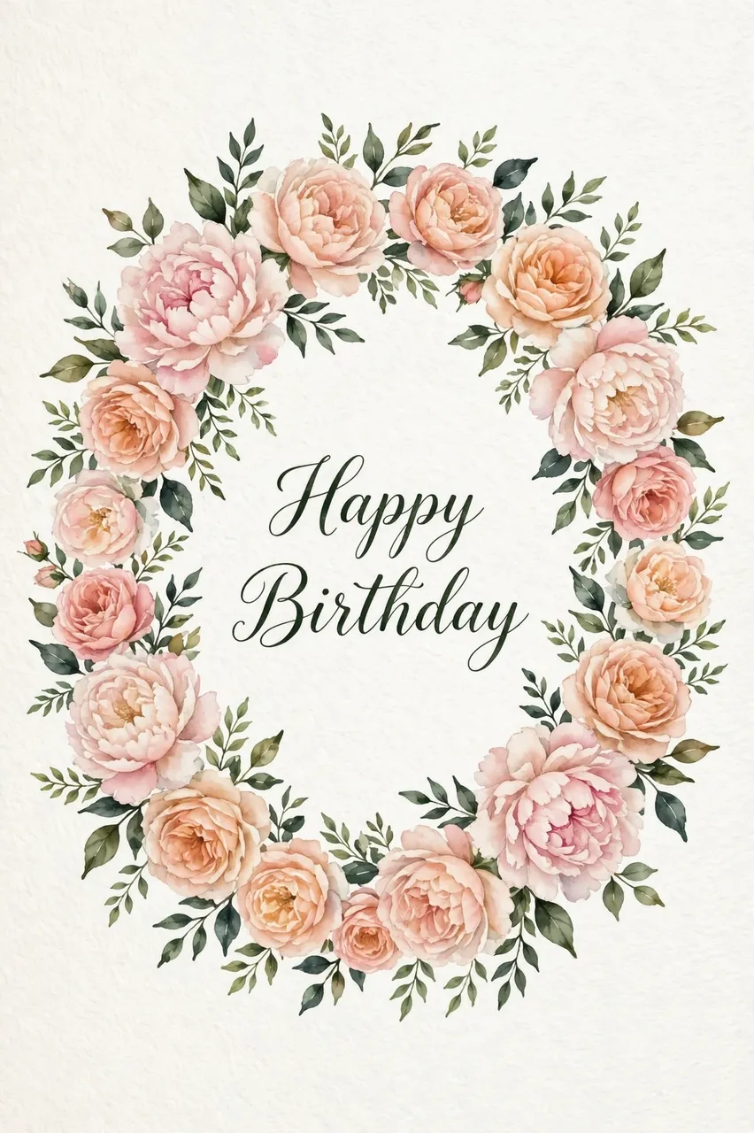Watercolor floral wreath of blush and peach peonies and roses with centered dark green "Happy Birthday" text on textured