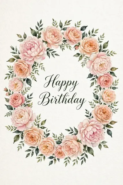 Watercolor floral wreath of blush and peach peonies and roses with centered dark green "Happy Birthday" text on textured