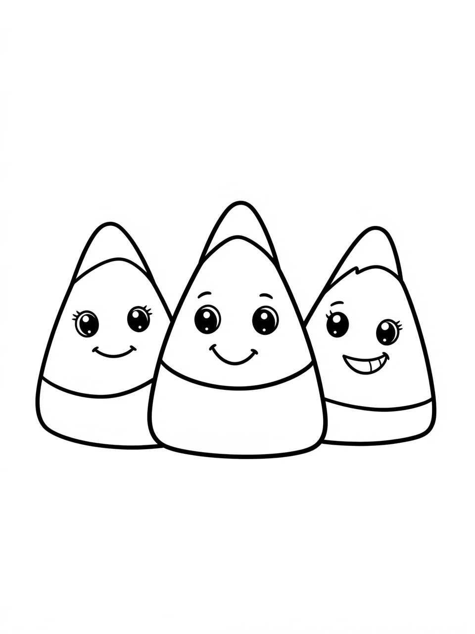 Simple bold black line art of three smiling cartoon candy corn on a plain white background