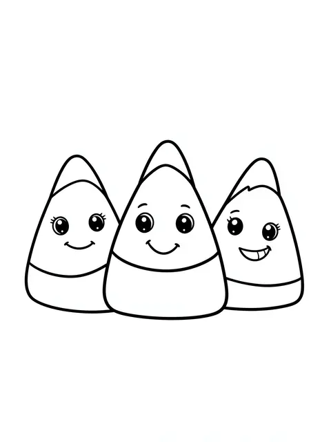Simple bold black line art of three smiling cartoon candy corn on a plain white background