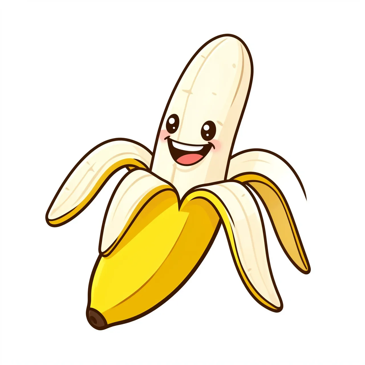 A cute half-peeled cartoon banana with a wide cheerful grin, isolated on a plain white background