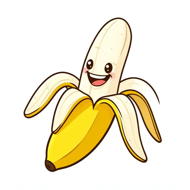 A cute half-peeled cartoon banana with a wide cheerful grin, isolated on a plain white background