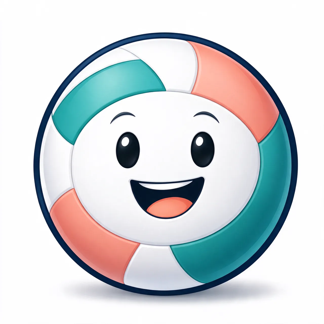 A cheerful smiling cartoon volleyball with teal, coral, and white panels sits on a plain white background.