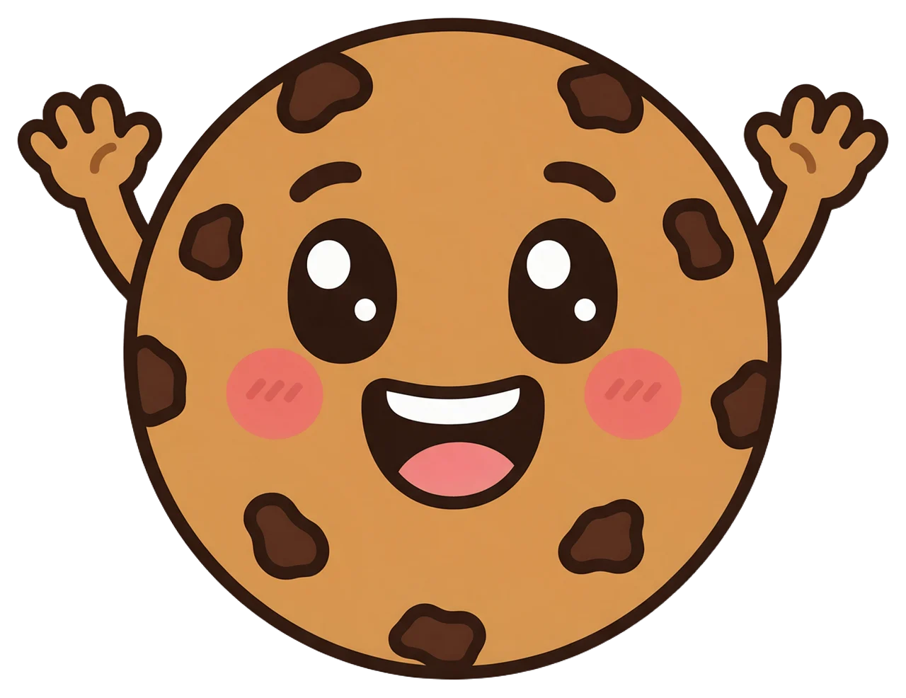Cute cartoon chocolate chip cookie character with raised arms and a happy smiling face