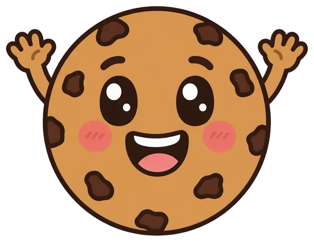 Cute cartoon chocolate chip cookie character with raised arms and a happy smiling face