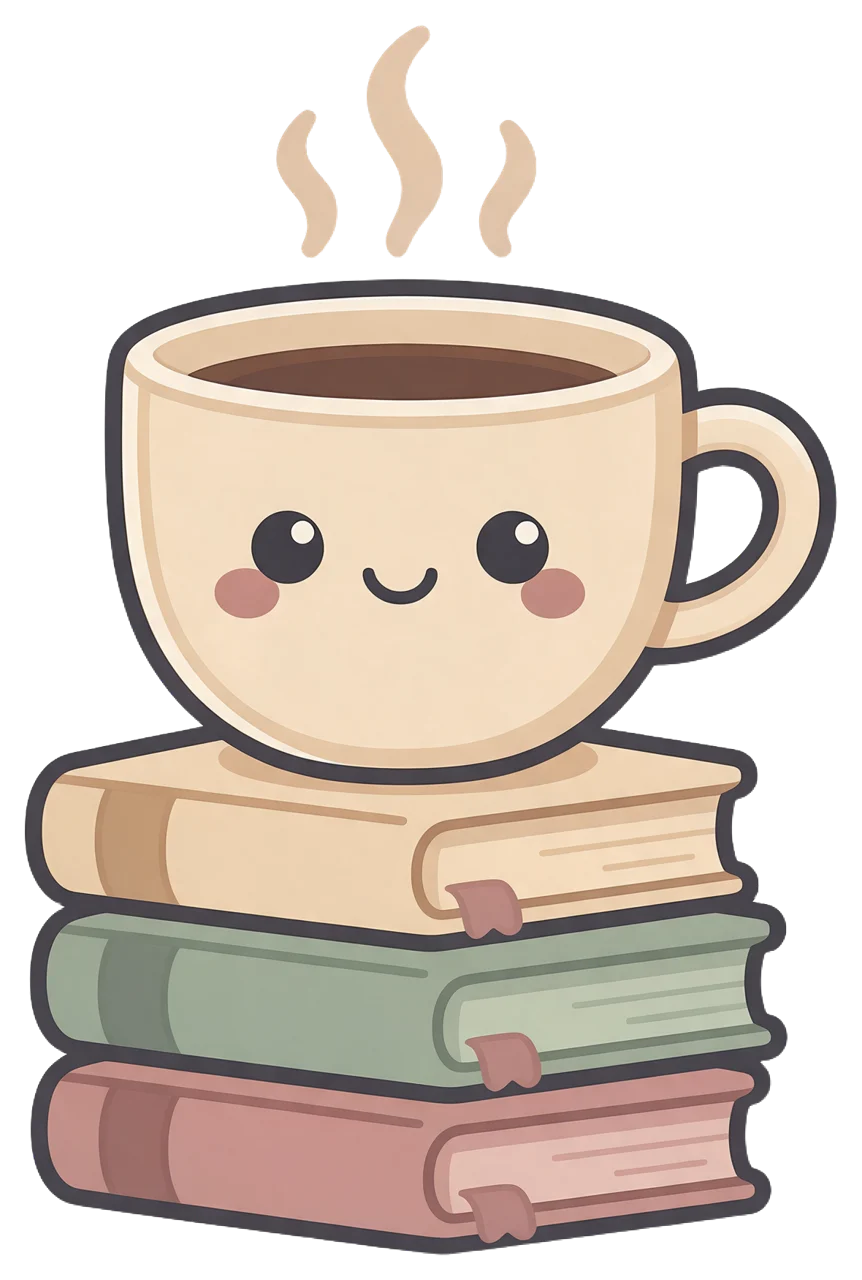 Cute kawaii smiling coffee mug sits on a stack of three pastel hardcover books