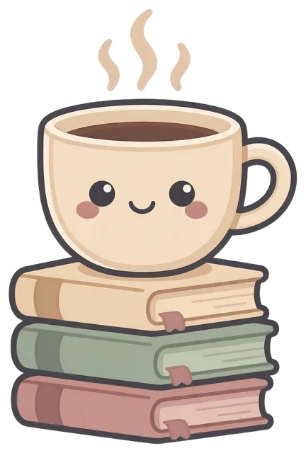 Cute kawaii smiling coffee mug sits on a stack of three pastel hardcover books