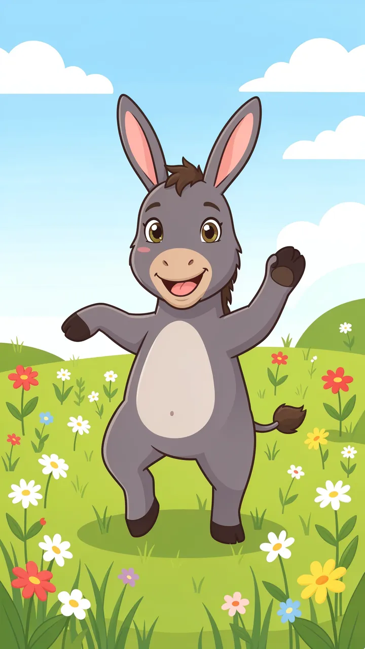 A cheerful cartoon donkey dances in a sunny wildflower meadow under a bright blue sky