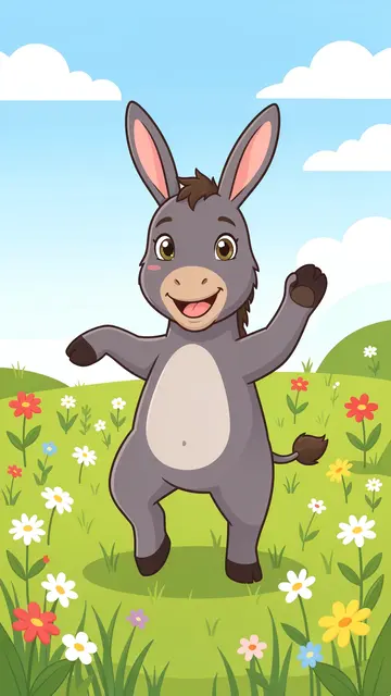 A cheerful cartoon donkey dances in a sunny wildflower meadow under a bright blue sky