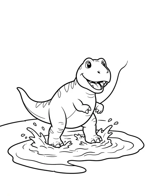 Simple bold line art of a smiling cartoon dinosaur stomping in a splashing muddy puddle