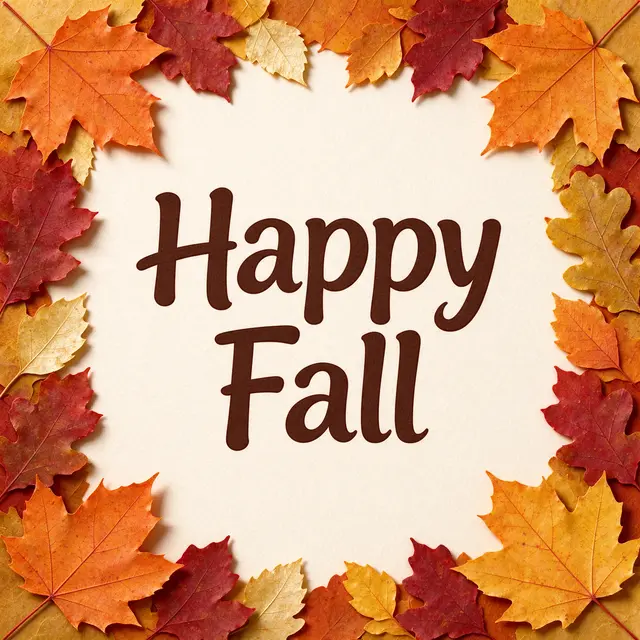 Layered autumn leaves frame the cream background with centered dark brown text reading "Happy Fall"
