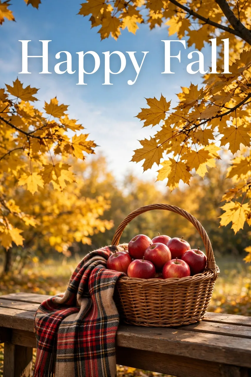 Wicker basket of red apples and a plaid blanket sit on a wooden bench under golden maple branches with "Happy Fall" text in