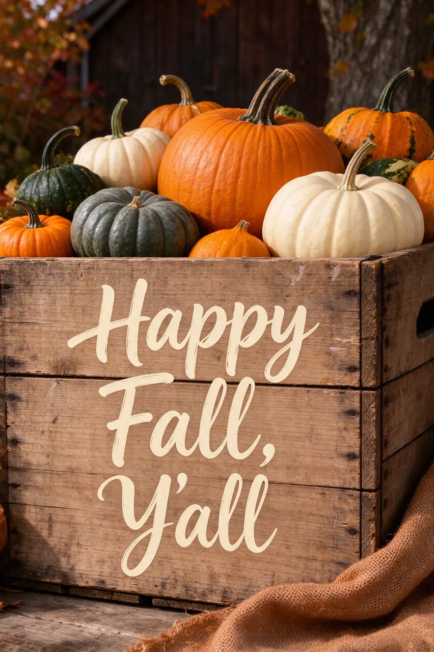 Cream hand lettering reading "Happy Fall, Y'all" on a weathered wooden crate filled with pumpkins under soft autumn light