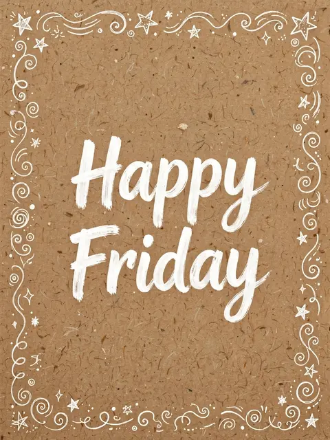 "Happy Friday" in white brush lettering framed by hand-drawn stars and swirls on brown kraft paper