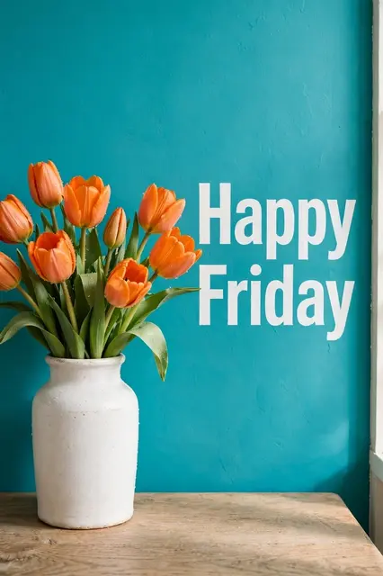"Happy Friday" white sans-serif text beside a white vase of orange tulips against a bright teal wall