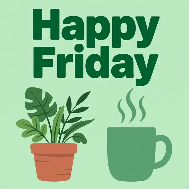 Bold dark green text "Happy Friday" sits above a potted houseplant and steaming mug on a mint green background.