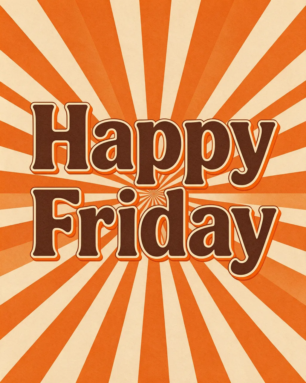 The text "Happy Friday" in chunky brown type sits over a retro orange and cream sunburst background