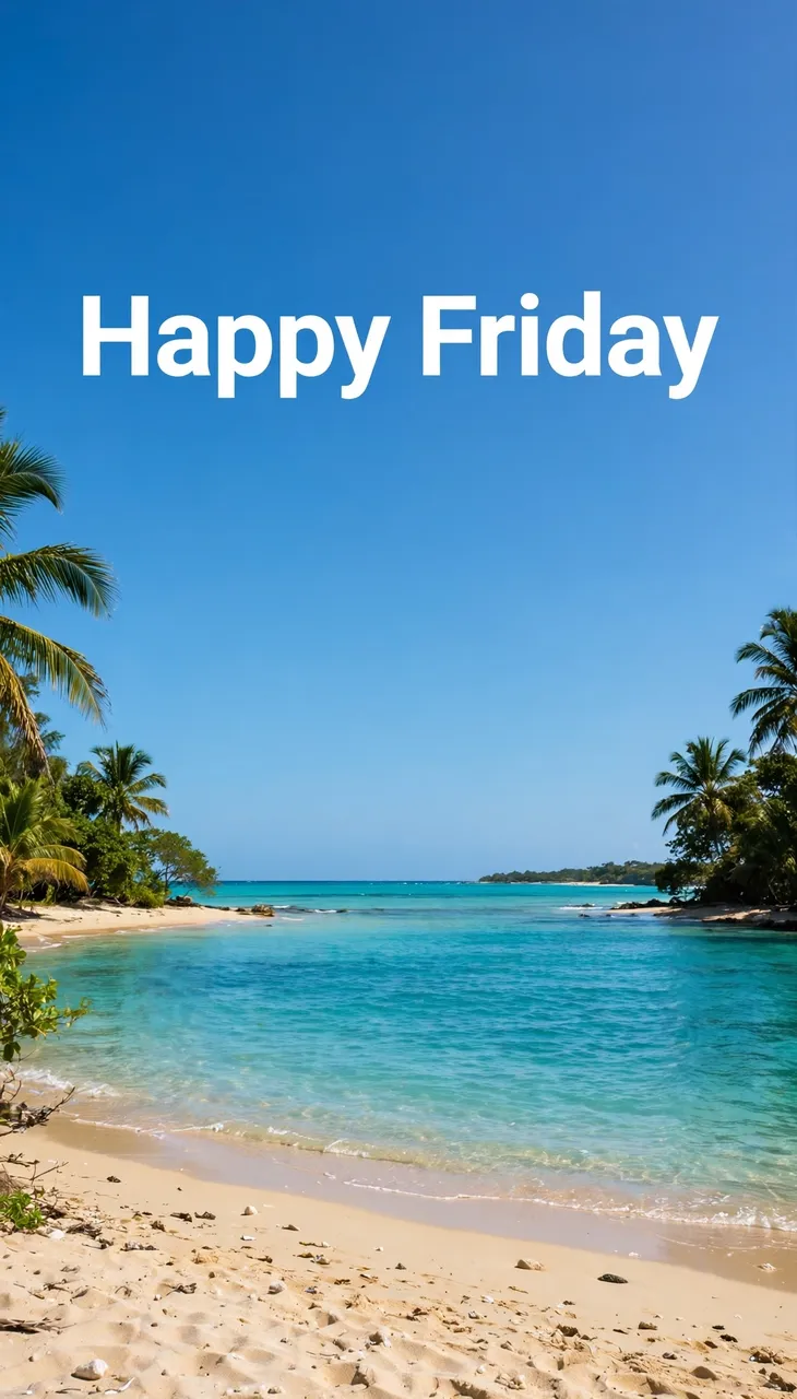 Bold white "Happy Friday" text sits over a sunlit tropical beach with turquoise water and palm trees under a clear blue sky