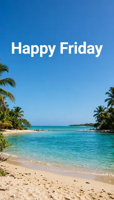 Bold white "Happy Friday" text sits over a sunlit tropical beach with turquoise water and palm trees under a clear blue sky