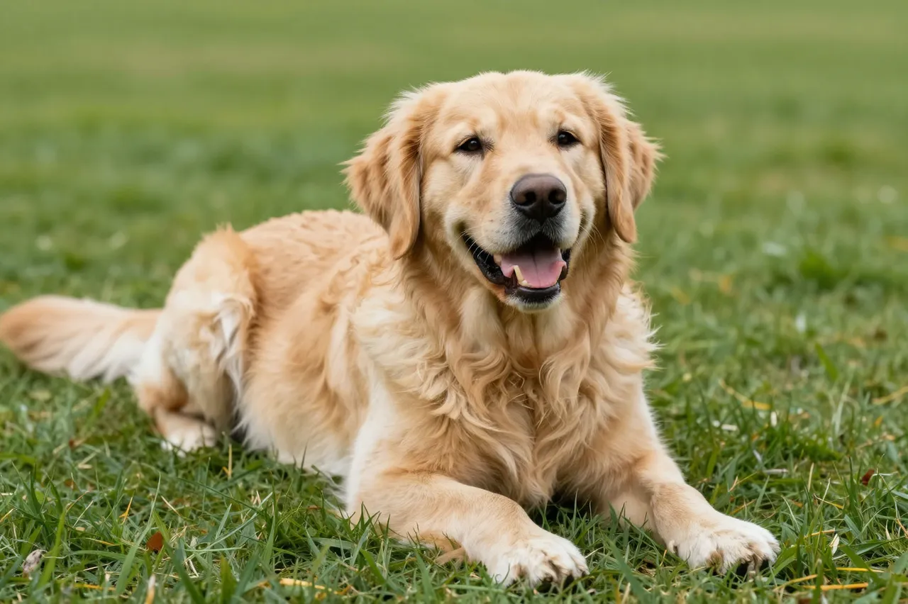 A friendly relaxed golden retriever lies smiling on a sunlit green grass lawn.