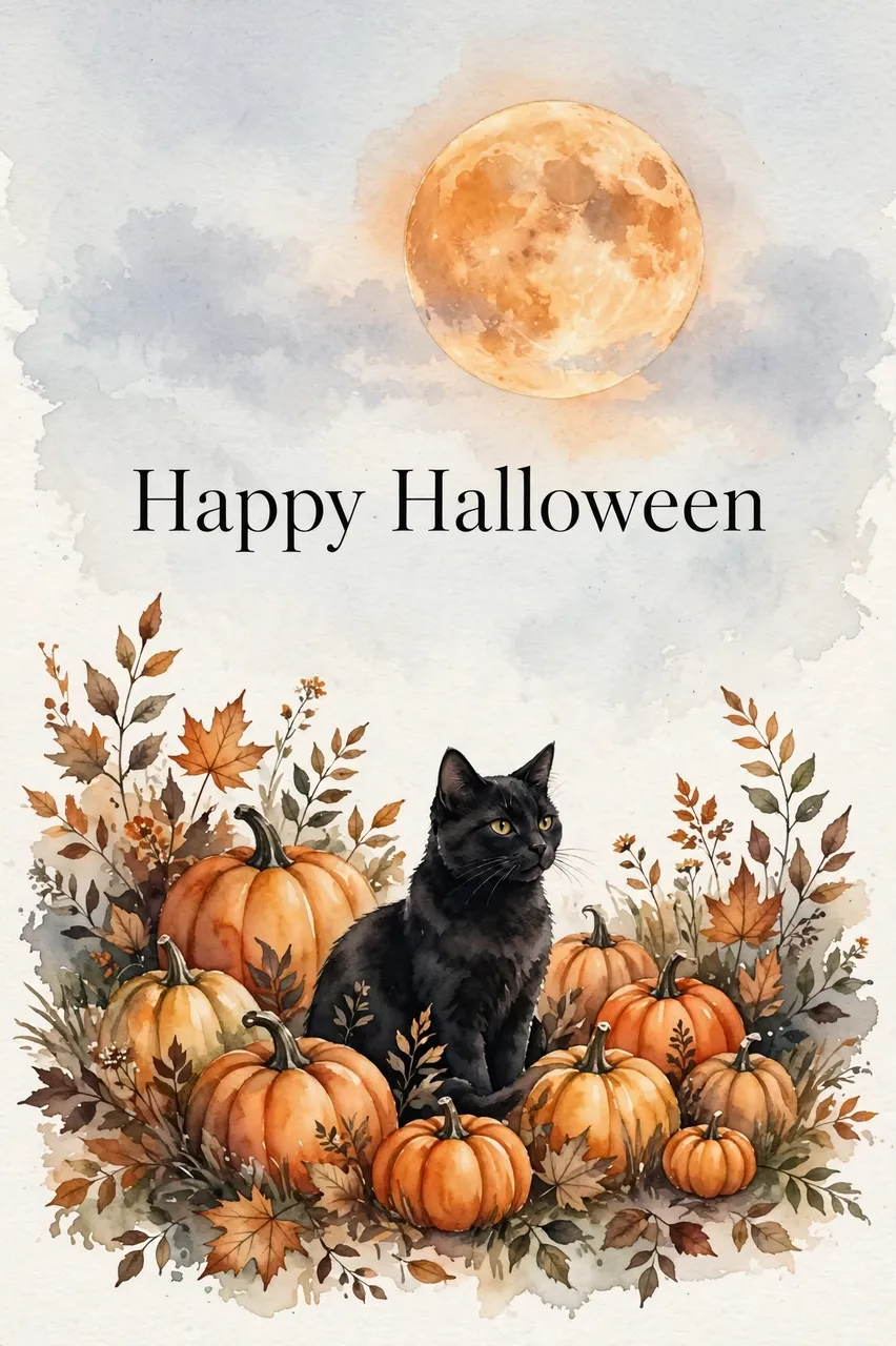 Watercolor illustration of a black cat sitting among pumpkins under a harvest moon with the text "Happy Halloween"