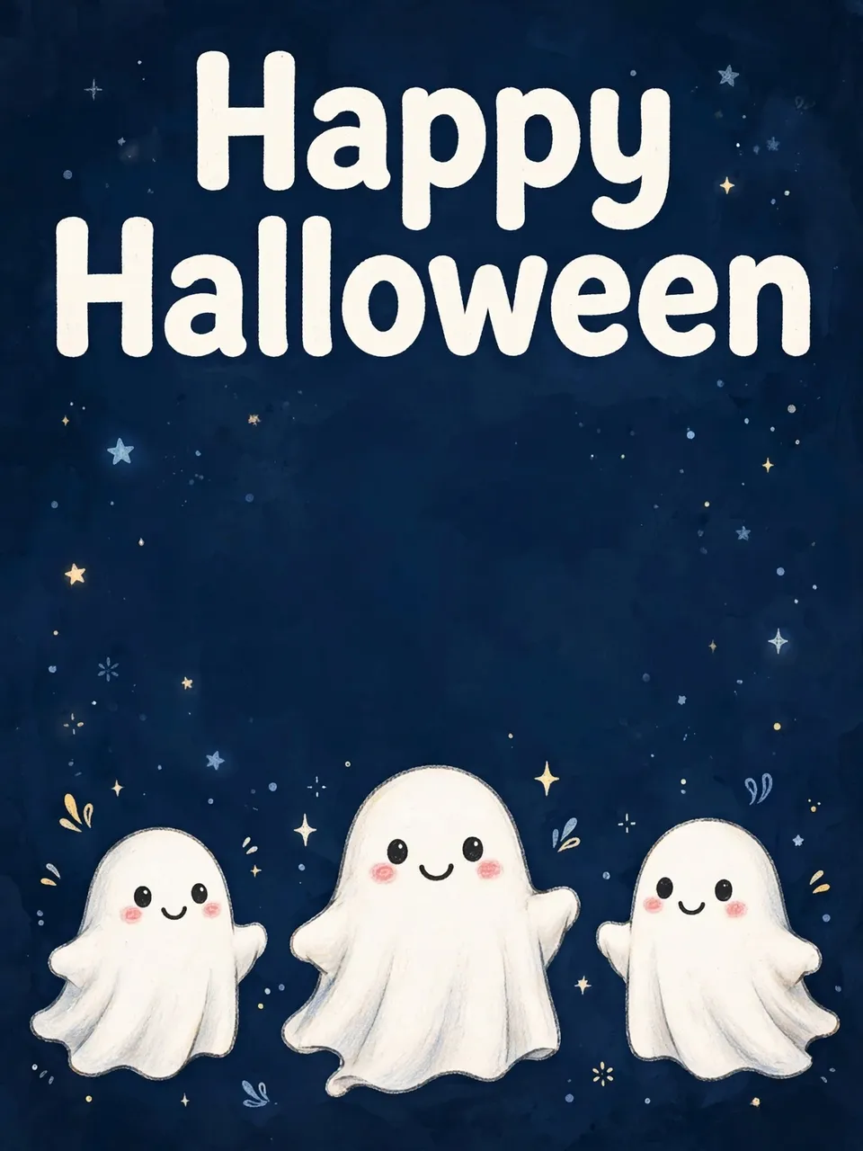 Cute illustration of three friendly sheet ghosts with the text "Happy Halloween" on a starry midnight blue background