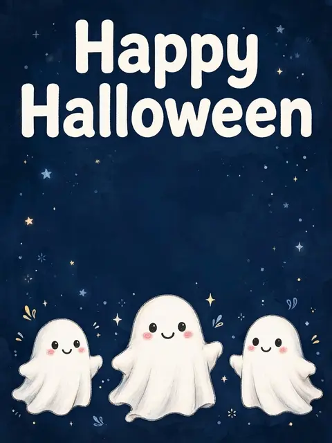 Cute illustration of three friendly sheet ghosts with the text "Happy Halloween" on a starry midnight blue background