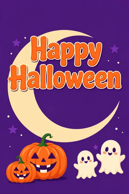 Flat vector illustration with bold orange "Happy Halloween" text, smiling pumpkins, friendly ghosts and a crescent moon on a