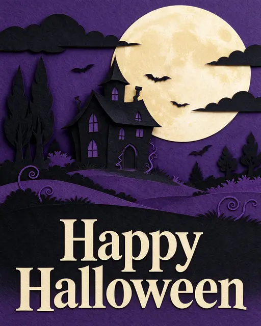 Layered paper cut haunted house scene with a full yellow moon and the text "Happy Halloween" across the foreground