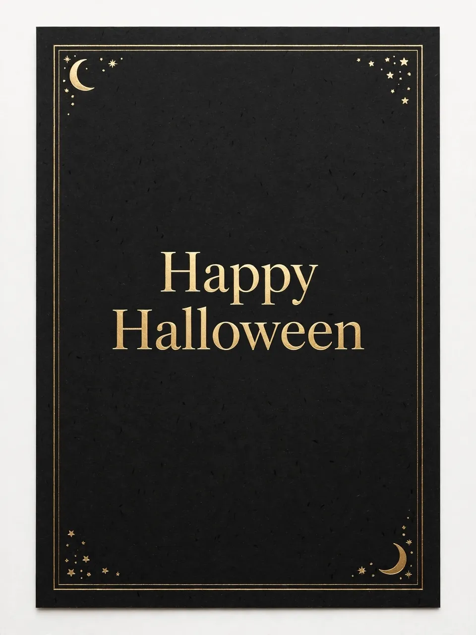 Gold foil 'Happy Halloween' lettering on matte black card with a thin gold border, corner crescent moons and stars